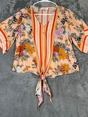 Studio Petite JPR Floral Tie Front Blouse Boho Cottagecore Peach PL